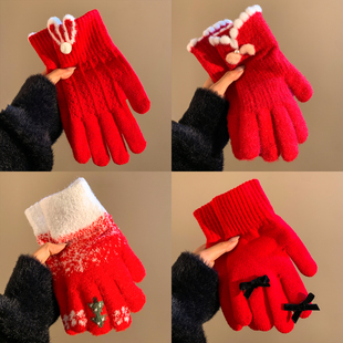 清仓 新年红色毛线针织保暖手套女士冬分指骑行防寒防冻可触屏