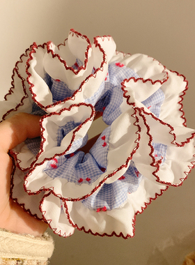 韩系重工蓝色双层格子大肠发圈女高级感丸子头扎头发超大发饰头绳