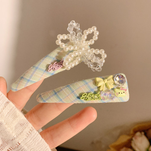 重工绿色格子串珠花朵发夹边夹侧边女韩系碎发刘海夹百搭头饰甜美