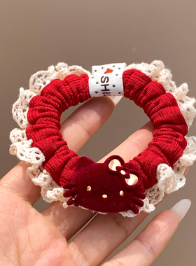 可爱红色Kitty针织蕾丝小肠发圈女复古新年头饰发绳扎头2025新款