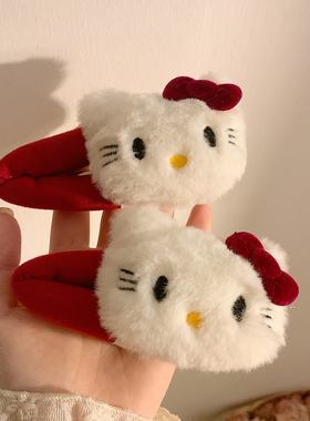 红色猫咪蝴蝶结kitty毛绒发夹女卡通前额刘海夹侧边夹子bb夹发饰