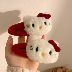红色猫咪蝴蝶结kitty毛绒发夹女卡通前额刘海夹侧边夹子bb夹发饰