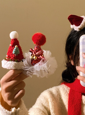 圣诞节红色蝴蝶结铃铛帽子发夹女侧边派对拍照道具氛围感头饰夹子