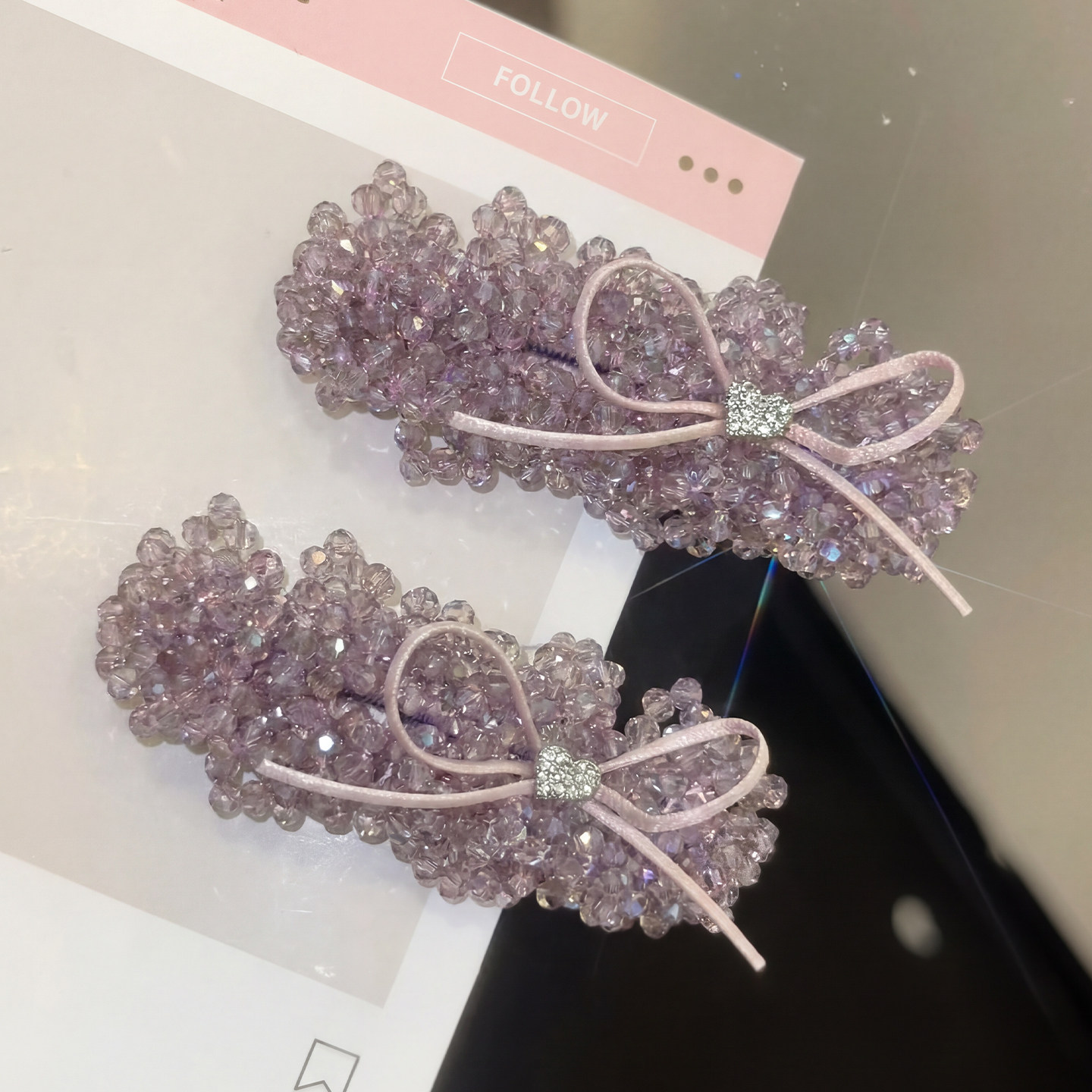紫色水晶葡萄~蝴蝶结串珠发夹边夹侧边头饰女甜美风碎发刘海夹子