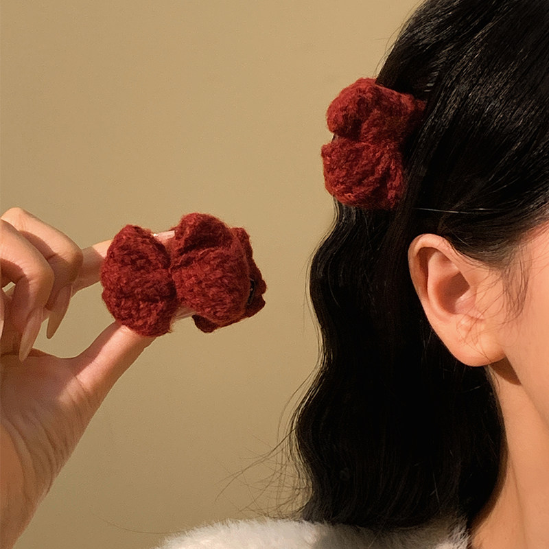 韩系安可拉红蝴蝶结毛线发夹