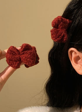 韩系安可拉红蝴蝶结毛线发夹女侧边夹公主头夹子头饰小抓夹秋冬
