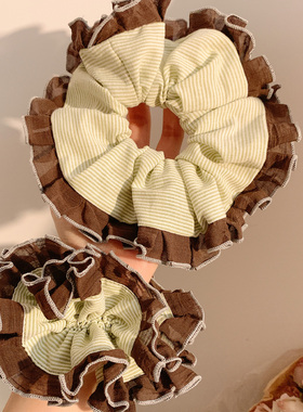 清新绿色条纹褶皱边大肠发圈女高级感小众头绳发饰扎头发丸子头