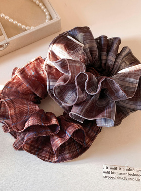 学院风灰色网纱格子双层大肠发圈女慵懒风复古韩系头绳发饰丸子头