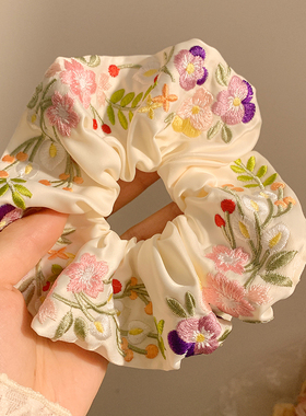 繁花如梦~白色刺绣花朵大肠发圈女法式高级感丸子头大号头绳发饰