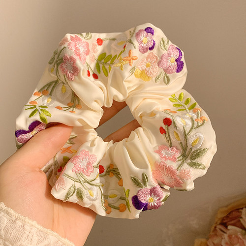 繁花如梦~白色刺绣花朵大肠发圈女法式高级感丸子头大号头绳发饰