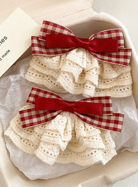 瑰夏予浪~红色格子蝴蝶结发夹女法式可爱百搭后脑勺夹子头饰发卡