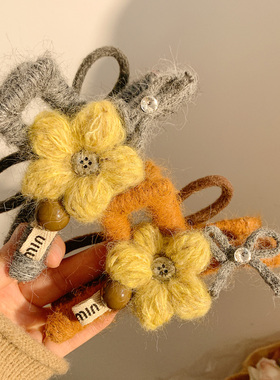 可爱复古灰色毛线花朵针织抓夹女高级感秋冬发夹后脑勺大号鲨鱼夹