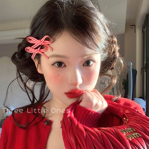 红色格子蝴蝶结发夹女