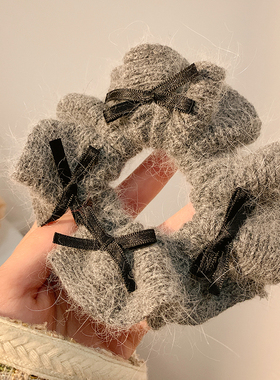韩系兔毛蝴蝶结灰色大肠发圈女高级感丸子头针织毛线发饰头绳秋冬