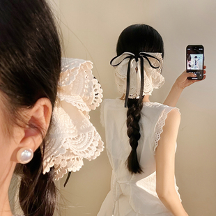 高级感白色蕾丝蝴蝶结马尾抓夹女法式 温柔气质百搭头饰后脑勺发夹