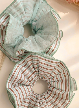 韩系复古条纹绿色网纱大肠发圈女高级感慵懒风扎头发超大头绳发饰