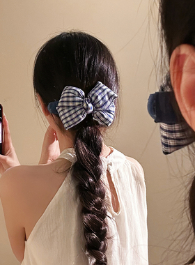 韩系蓝色格子立体蝴蝶结懒人发夹女高级感百搭发卡鸭嘴后脑勺头饰