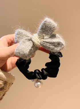 复古灰色毛线蝴蝶结珍珠小肠发圈女法式气质头饰扎头发皮筋发绳
