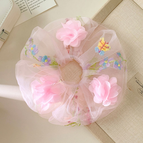 温柔风粉色花朵网纱大肠发圈女