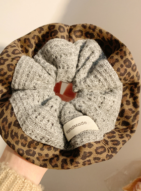 韩版复古灰色毛线豹纹大肠发圈女高级感时髦气质针织头绳发饰扎头