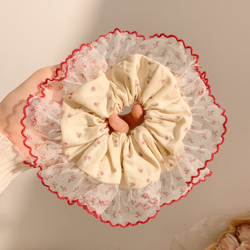 韩系百搭红色碎花网纱大肠发圈女高级感森系头饰扎头发大号发绳