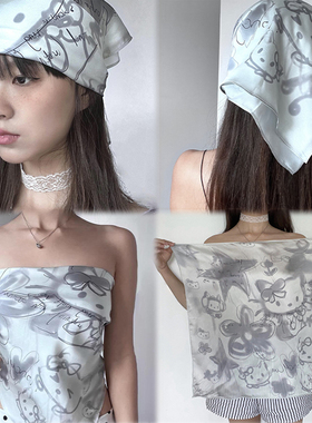 手绘涂鸦灰色Kitty猫包头头巾女可爱韩系美式辣妹高级感方巾抹胸