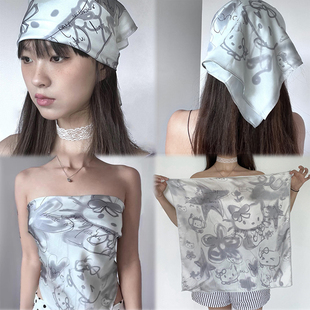 手绘涂鸦灰色Kitty猫包头头巾女可爱韩系美式辣妹高级感方巾抹胸