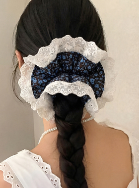 复古黑色碎花蕾丝大肠发圈女超大复古慵懒风头绳发饰扎头发丸子头
