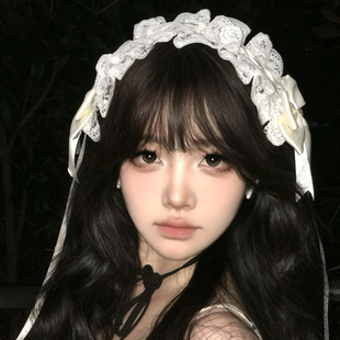 安妮 早餐白色蝴蝶结蕾丝发带女甜美可爱发箍洛丽塔拍照头箍发饰