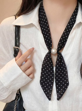 温柔高智风韩系黑色波点丝巾串珠项链系脖女款小众高级设计感配饰