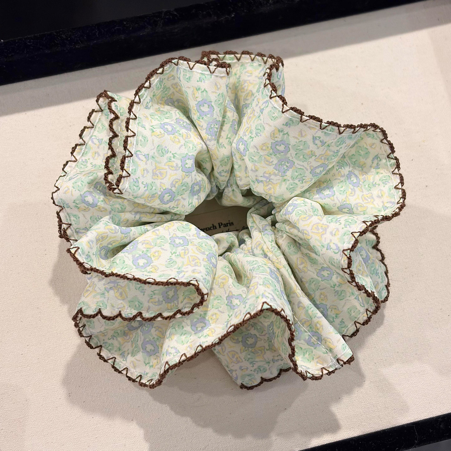 复古绿色碎花双层花边大肠发圈女图片