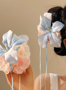 森系少女蓝色蕾丝花朵发夹女百合花飘带鸭嘴夹氛围感超仙拍照头饰