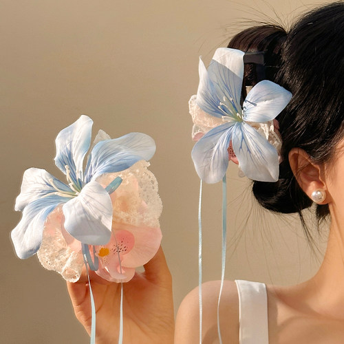 森系少女~蓝色蕾丝花朵发夹