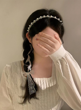超仙白色蕾丝水晶珍珠发带女绑发森系甜美飘带法式丝带发箍头饰