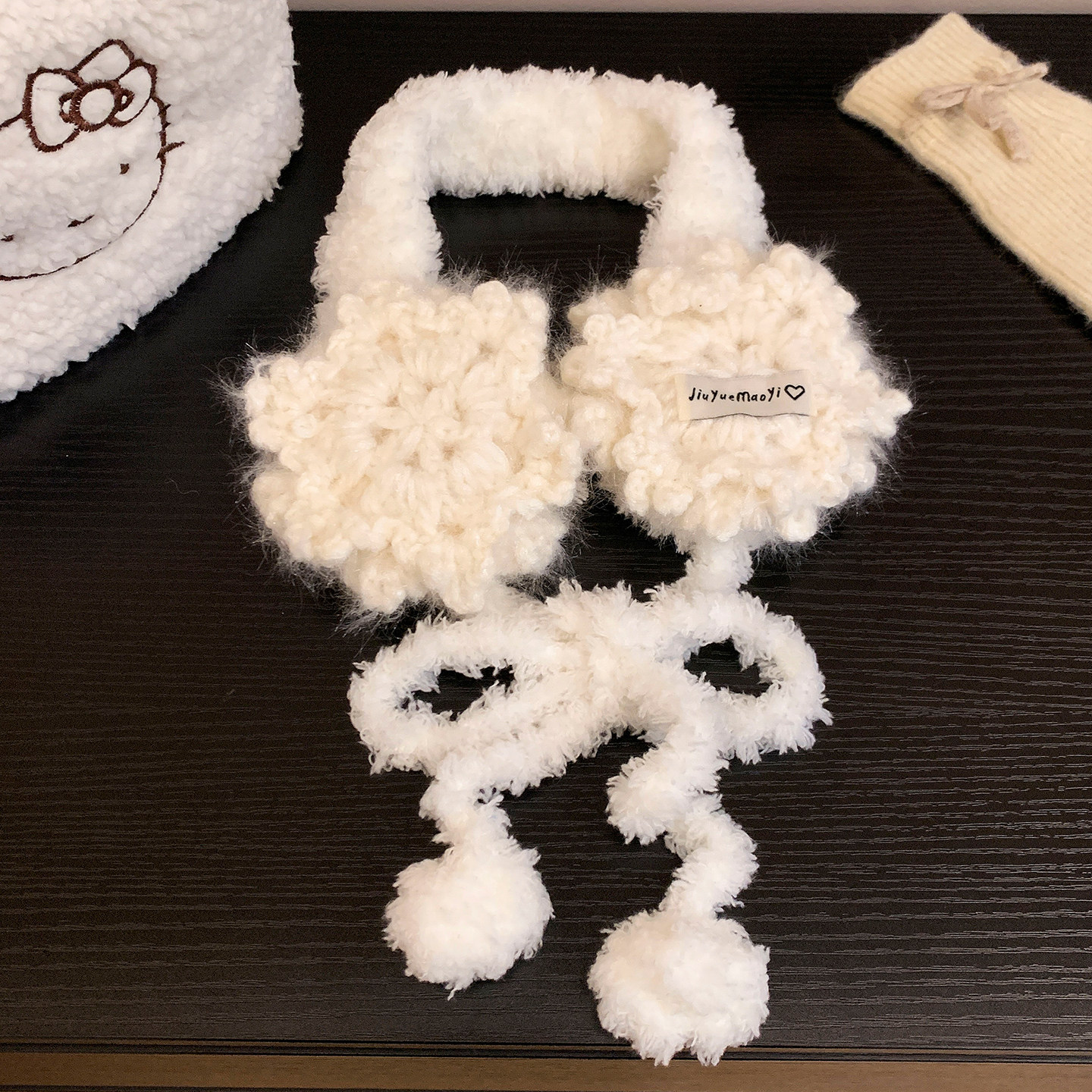 白色雪花毛线针织耳罩女冬季可爱保暖防风防寒毛绒系带护耳包耳暖