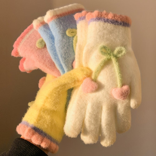 多巴胺可爱樱桃五指触屏毛绒手套