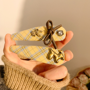 文艺风黄色格子小马蝴蝶结发夹女韩系复古头饰前额碎发刘海侧边夹