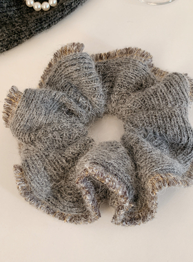 韩系兔毛灰色毛线针织大肠发圈女高级感扎头发丸子头头绳秋冬发饰