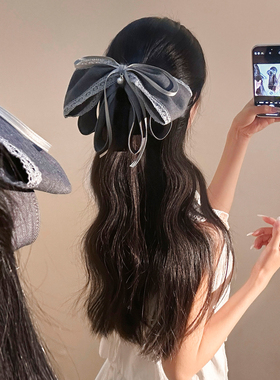 复古灰色蝴蝶结马尾抓夹女高级感韩系发卡后脑勺半扎发发夹头饰