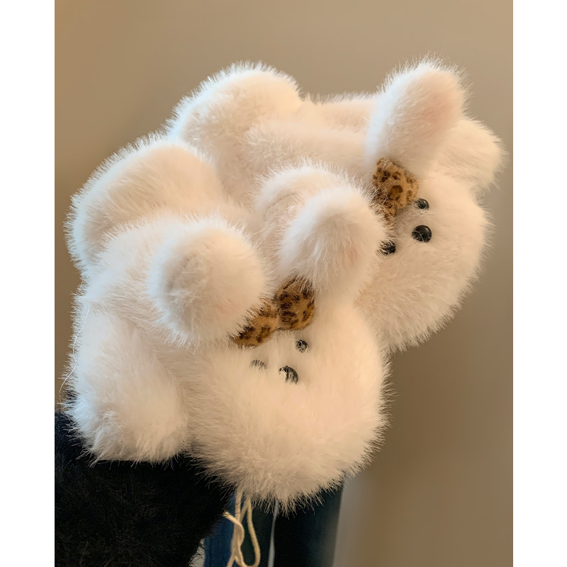 可爱兔子蝴蝶结白色毛绒全指手套