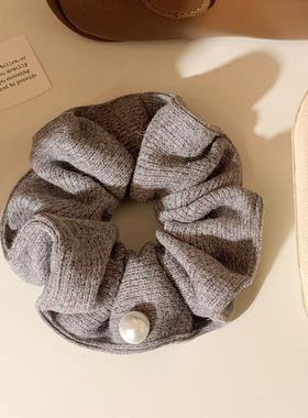 法式灰色毛线针织珍珠大肠发圈女慵懒风秋冬复古头饰发绳扎头发