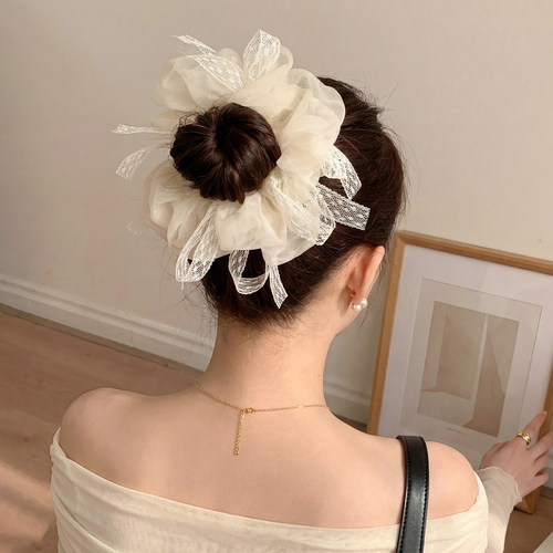 米色网纱蝴蝶结大肠发圈女高级感