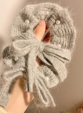 灰色珍珠蝴蝶结毛线针织大肠发圈女慵懒风法式头绳扎头发秋冬发饰