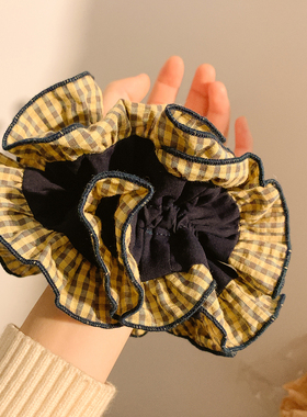 小众慵懒风黄色格子双层大肠发圈女韩系气质复古头绳发饰扎头超大