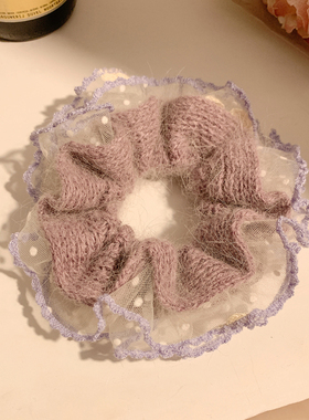 温柔韩系紫色兔毛针织大肠发圈女高级感秋冬头绳扎头发丸子头发饰