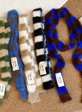 秋冬韩版细窄长款Y2k条纹毛绒围巾女小众设计感辣妹百搭装饰围脖