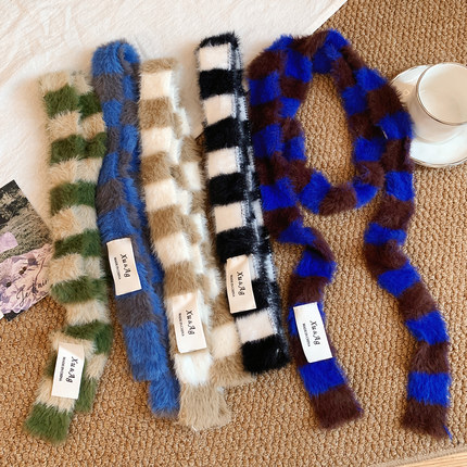 秋冬韩版细窄长款Y2k条纹毛绒围巾女小众设计感辣妹百搭装饰围脖