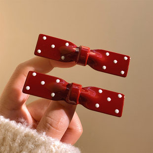 韩系红色波点蝴蝶结发夹女前额侧边刘海夹鸭嘴夹可爱头饰夹子秋冬