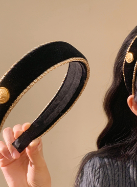高级感金标黑色丝绒发箍女气质高颅顶头箍日常外戴压发洗脸头饰