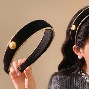 高级感金标黑色丝绒发箍女气质高颅顶头箍日常外戴压发洗脸头饰